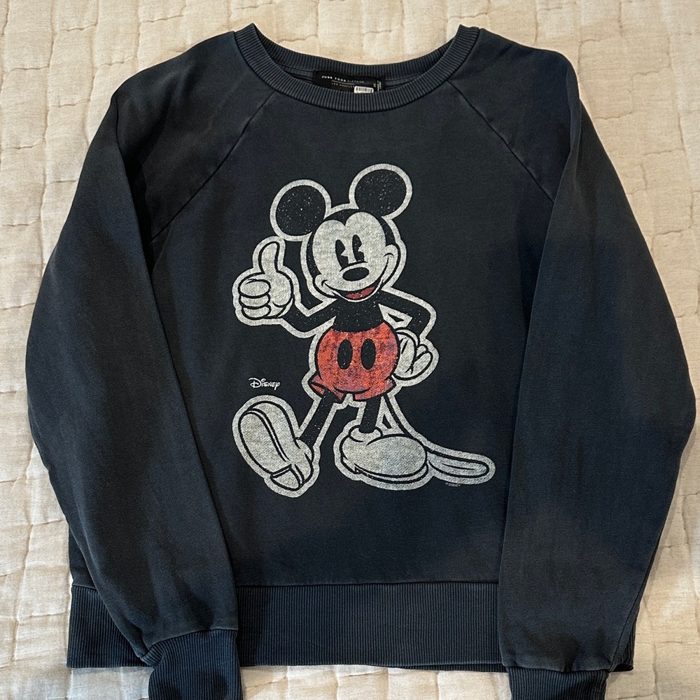 Junk Food Clothing Black Sweatshirt with Vintage Mickey Graphic and Red Shorts